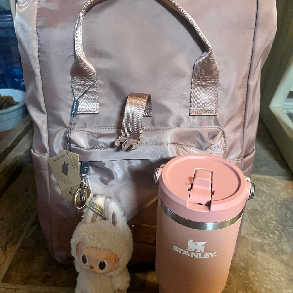 Gift Bundle Stanley Flow Macaron Labubu and Rose Gold Backpack